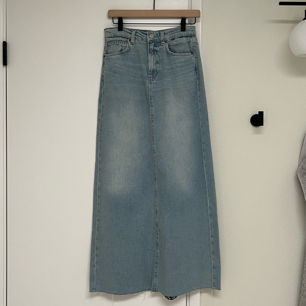 Reformation Kass long denim skirt, size 25